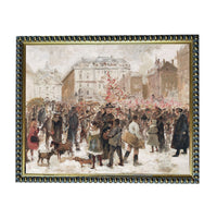 The image is a painting depicting a crowded city street scene with people, horses, and buildings in the background.