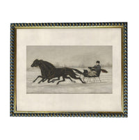 A framed painting depicting a man riding a horse-drawn sleigh through a snowy landscape.