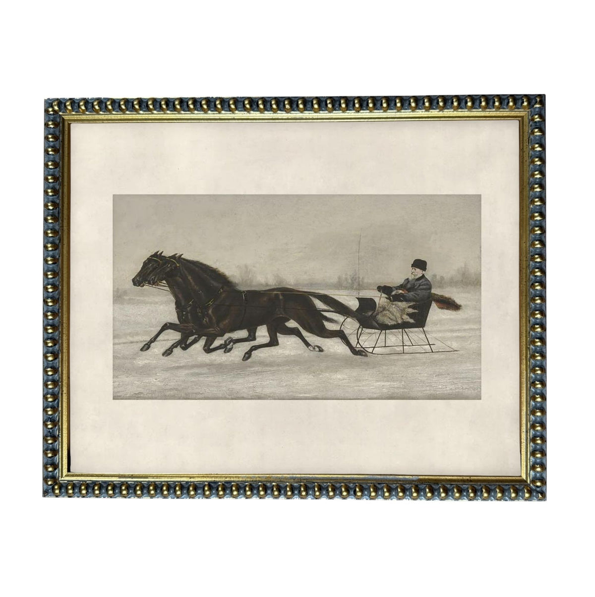 A framed painting depicting a man riding a horse-drawn sleigh through a snowy landscape.