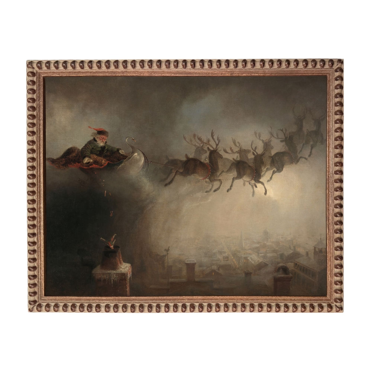 A painting depicting a man riding a sleigh pulled by reindeer flying over a cityscape.