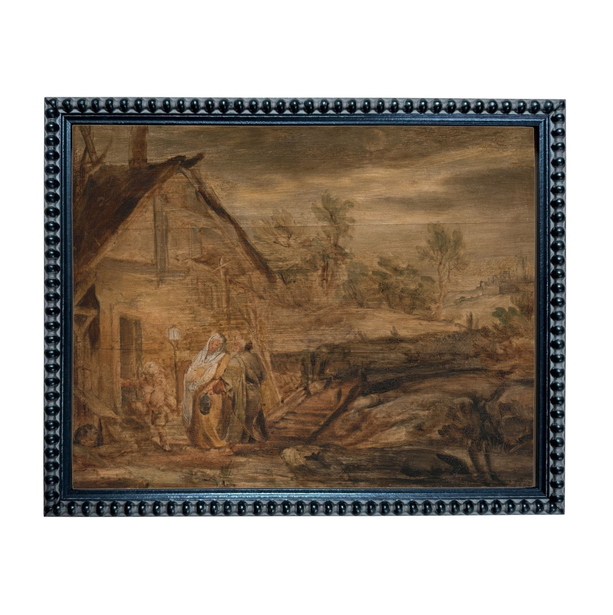 The image is a framed painting depicting a rural landscape with a small building, people, and a river.