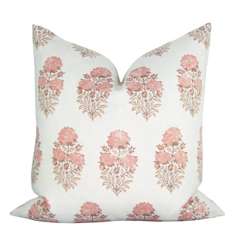 READY TO SHIP Lisa Fine Designer Pillow Cover // Mughal Flower in Coral // Pink Blush Peach Throw Pillows // Farmhouse Pillow Cover