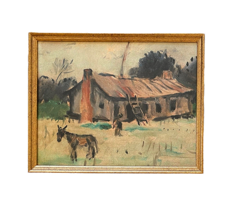 Vintage Framed Canvas ArtVintage Barn with Donkey Art #LAN-166