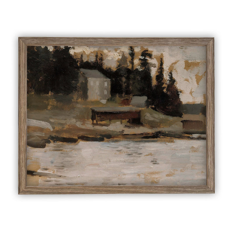 Framed Vintage Lake House Canvas Art Print: Cabin Landscape (16x20)
