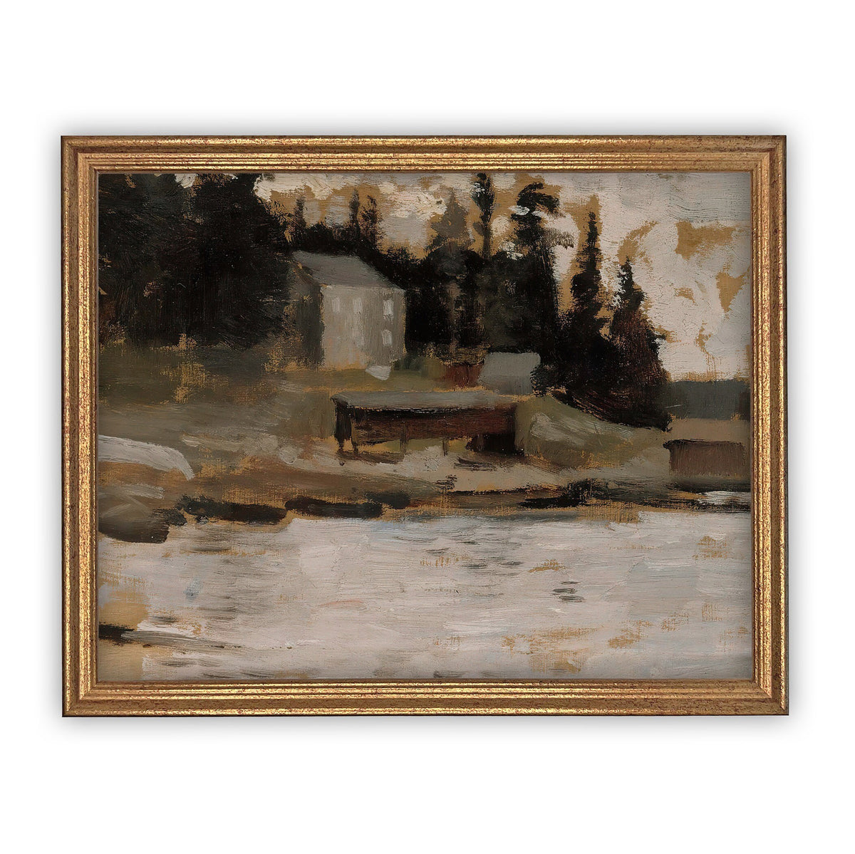Framed Vintage Lake House Canvas Art Print: Cabin Landscape (16x20)