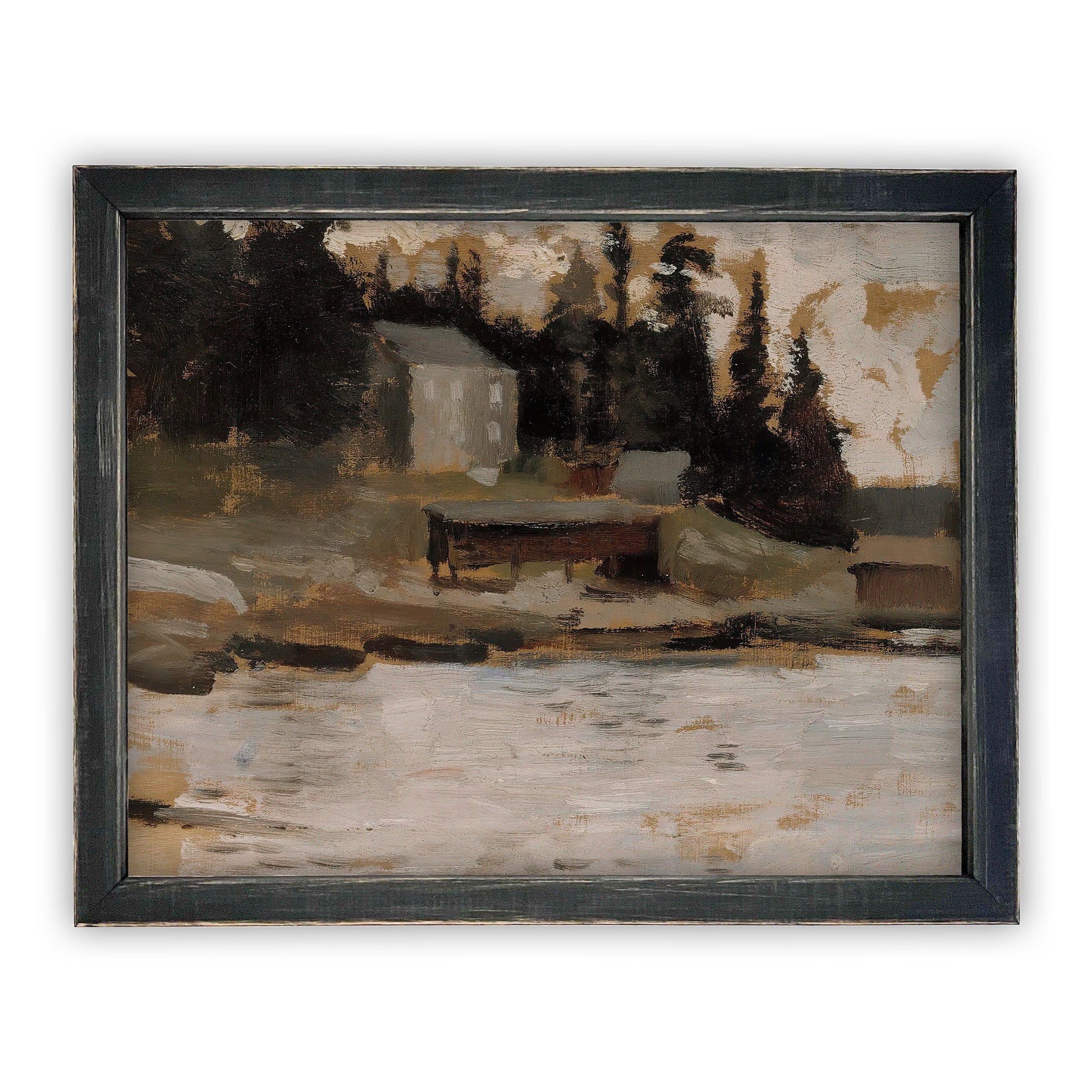 Framed Vintage Lake House Canvas Art Print: Cabin Landscape (16x20)