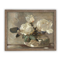 READY TO SHIP 16X20 Vintage Framed Floral Canvas Art: White Roses Still Life Print