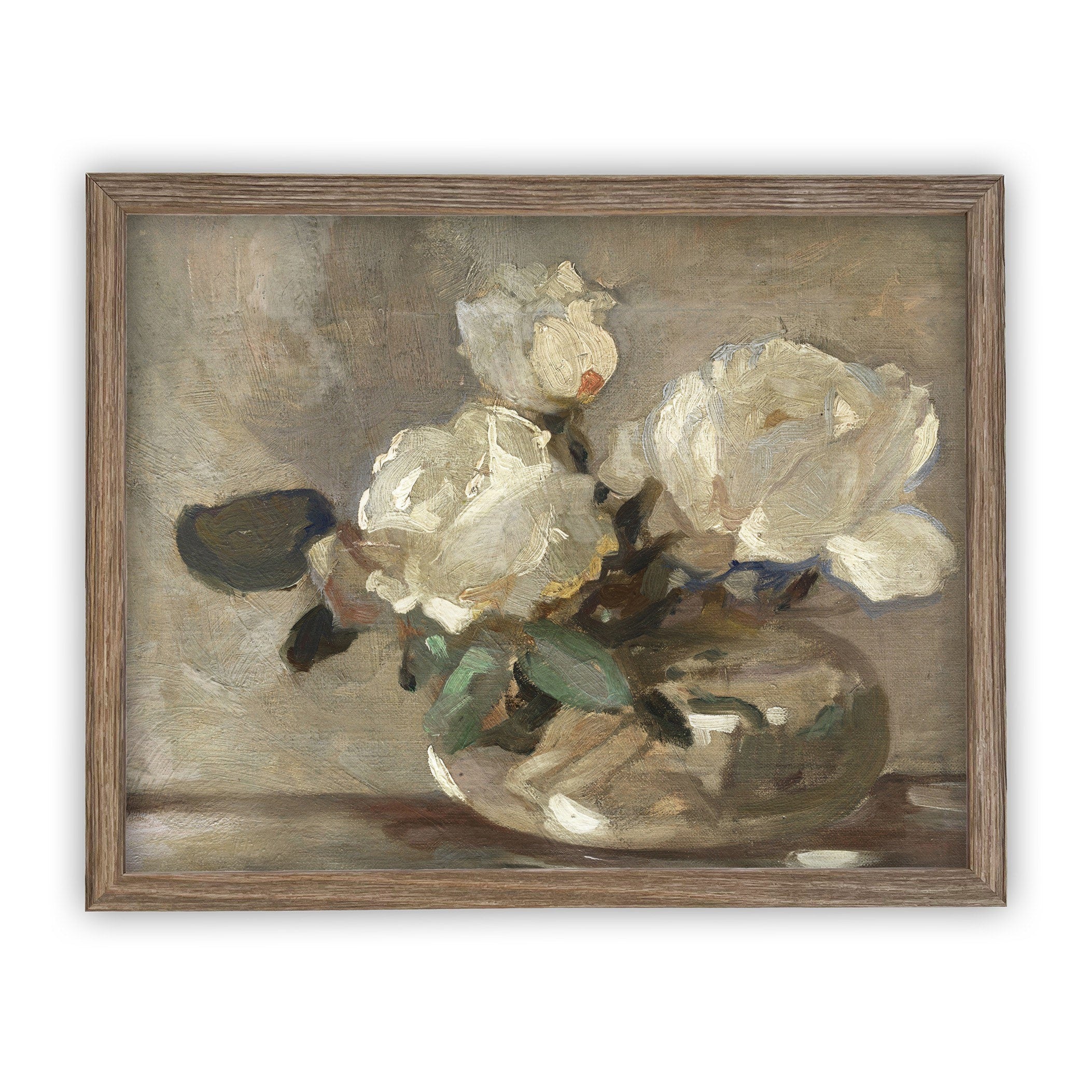 READY TO SHIP 16X20 Vintage Framed Floral Canvas Art: White Roses Still Life Print