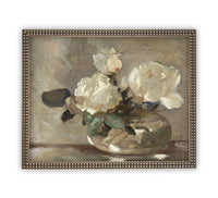 READY TO SHIP 16X20 Vintage Framed Floral Canvas Art: White Roses Still Life Print