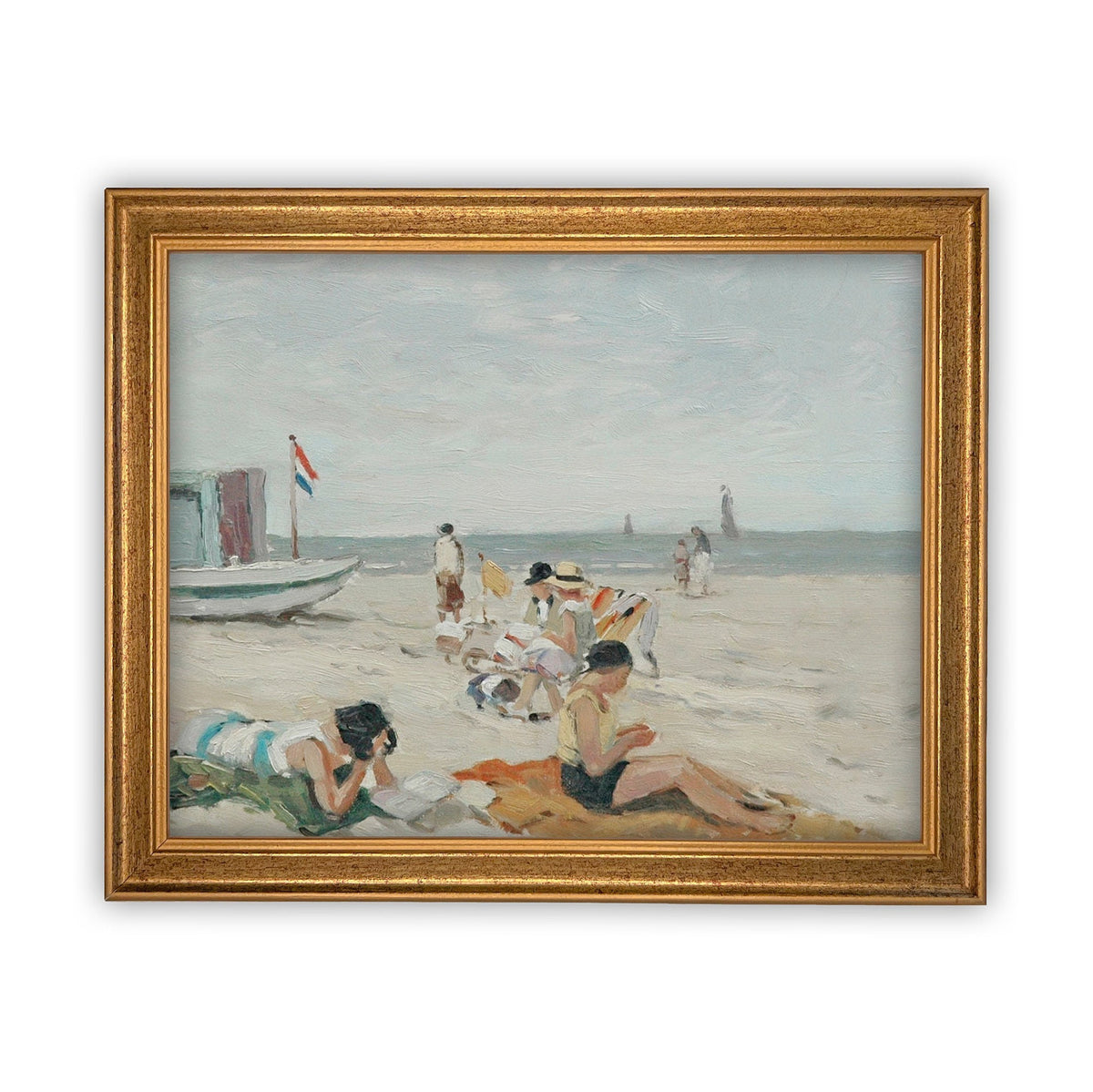 READY TO SHIP 18X24 Vintage Beach Scene Framed Canvas Art Print