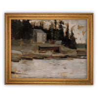 Framed Vintage Lake House Canvas Art Print: Cabin Landscape (16x20)