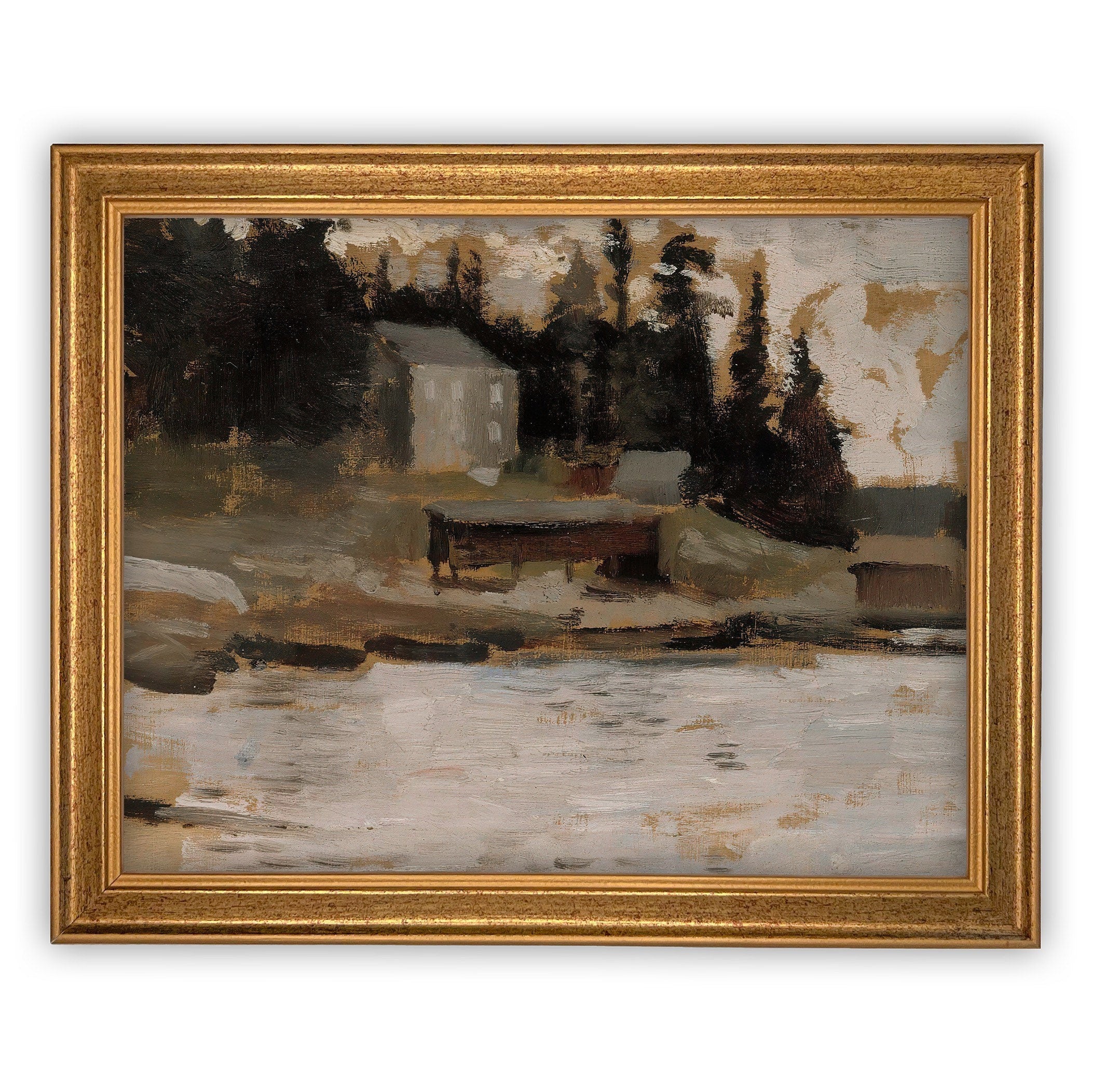 Framed Vintage Lake House Canvas Art Print: Cabin Landscape (16x20)