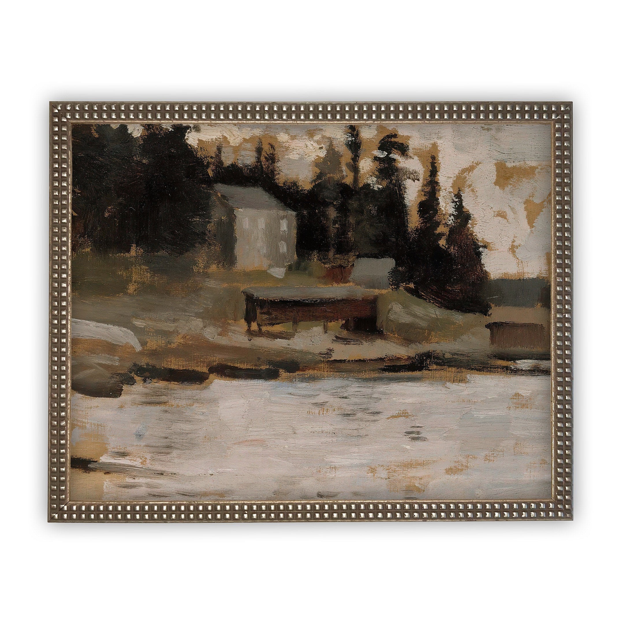 Framed Vintage Lake House Canvas Art Print: Cabin Landscape (16x20)