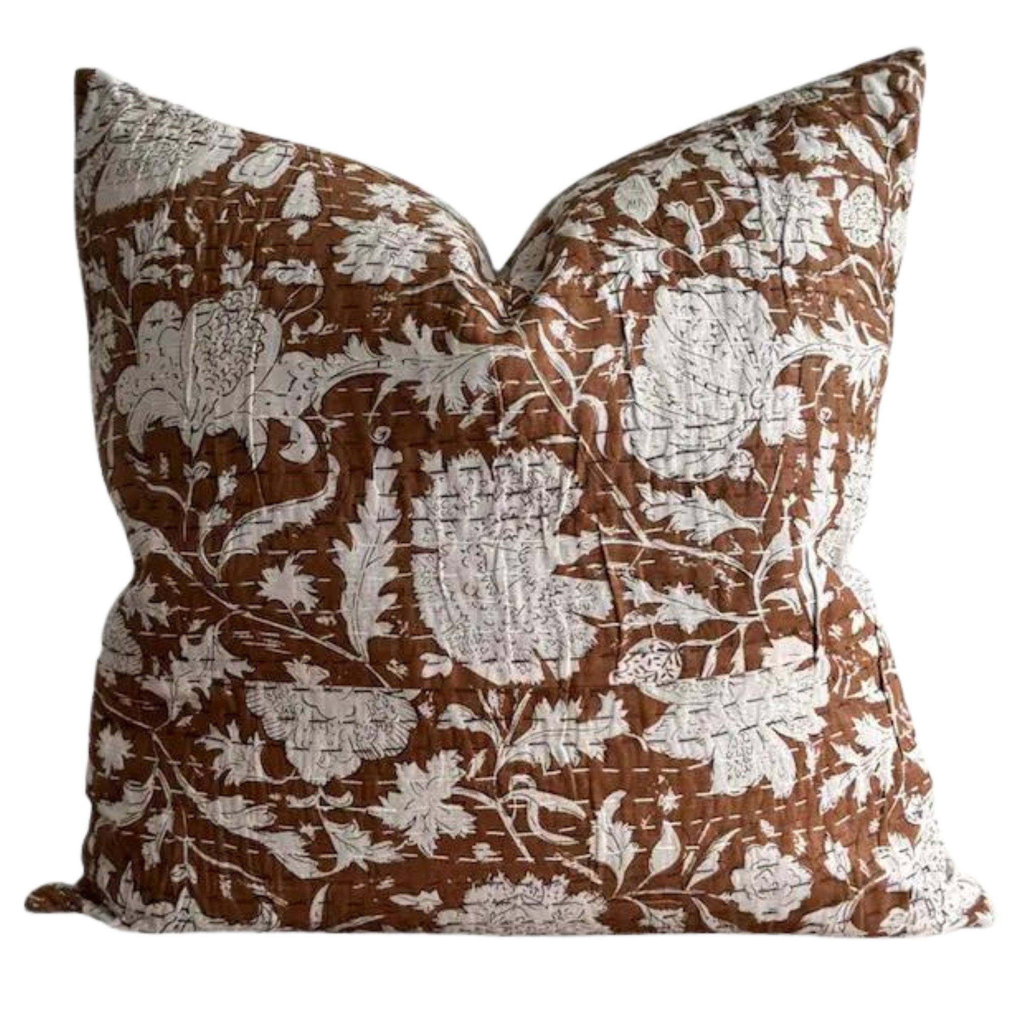 READY TO SHIP 14X 36 Double Sided Designer "Carmel" Block Print Kantha Quilted Pillow Cover // Brown Pillow Cover // Boutique Pillow Covers
