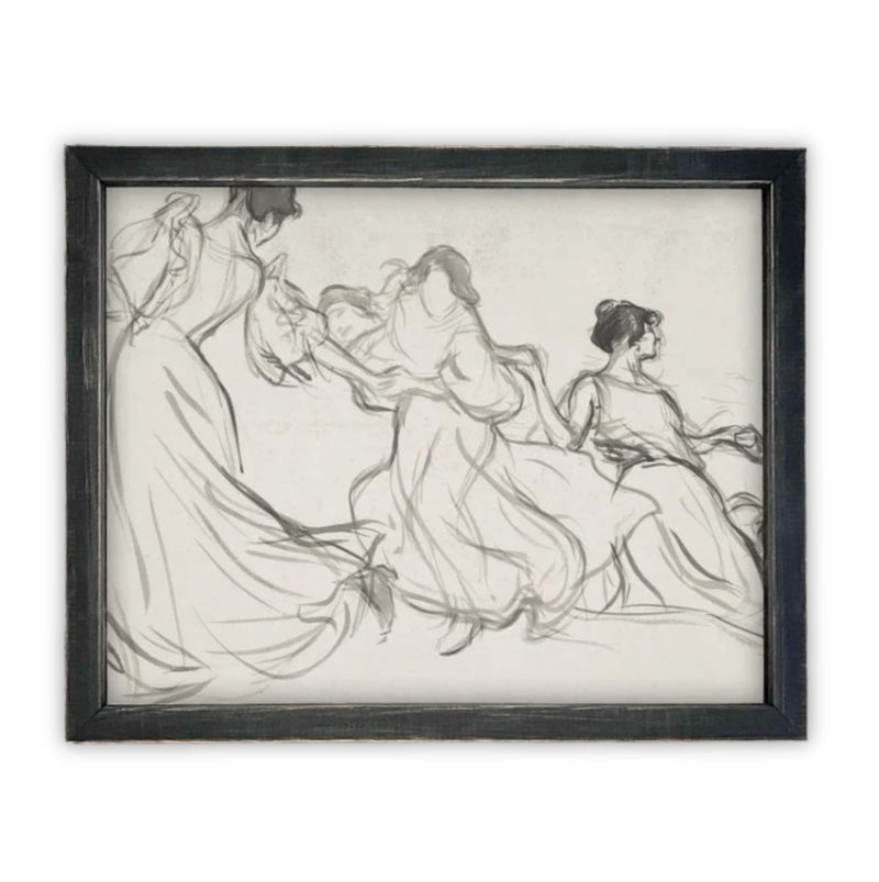 READY to SHIP 12x16 Vintage Framed Canvas Art // Vintage Sketch// Vintage Portrait Watercolor // Dancing Women Art print //#P-525