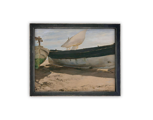 Vintage Framed Canvas Art // Framed Vintage Nautical Print // Vintage Painting // Sailboat Art on Beach // Beach House print //#COAS-142