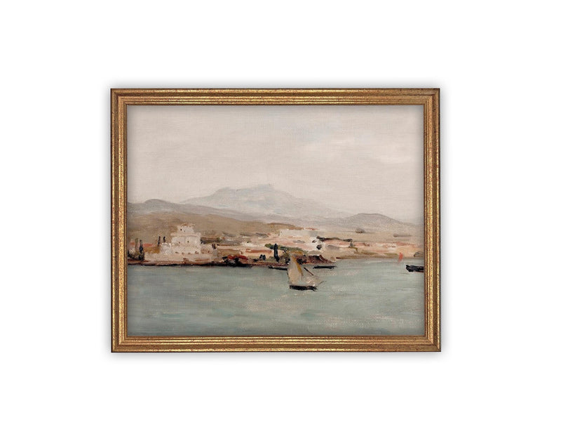 Vintage Framed Canvas Art // Framed Vintage Print // Vintage Painting // Coastal Beach Art with Boats // Seascape print //#COAS-141