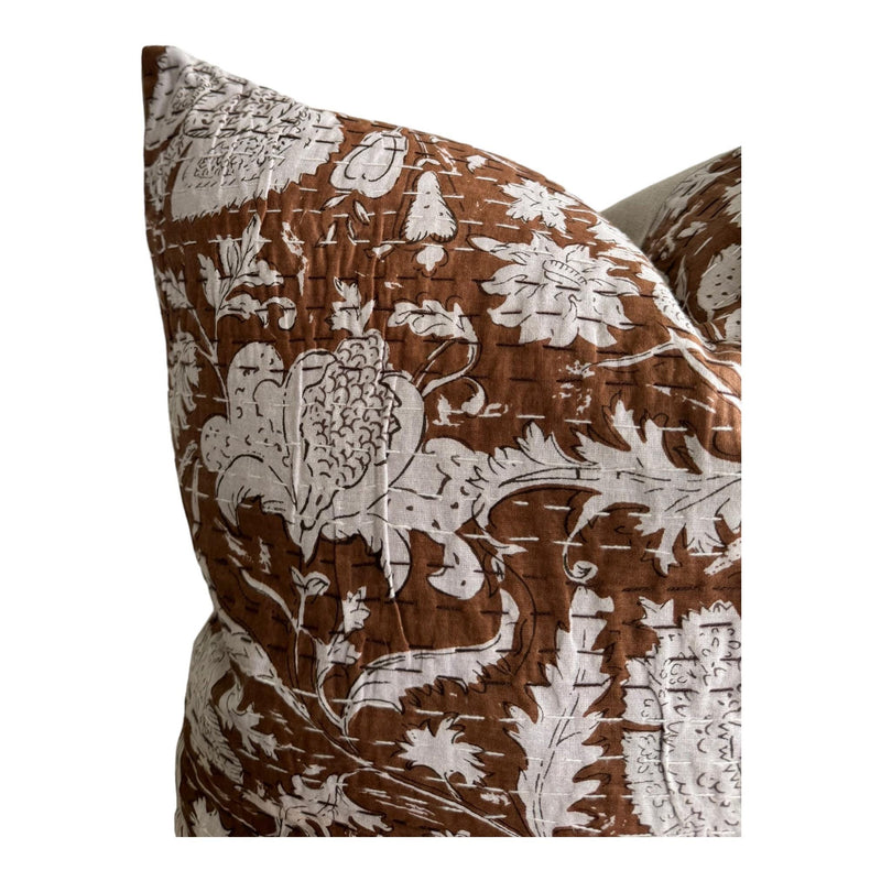 READY TO SHIP 14X 36 Double Sided Designer "Carmel" Block Print Kantha Quilted Pillow Cover // Brown Pillow Cover // Boutique Pillow Covers