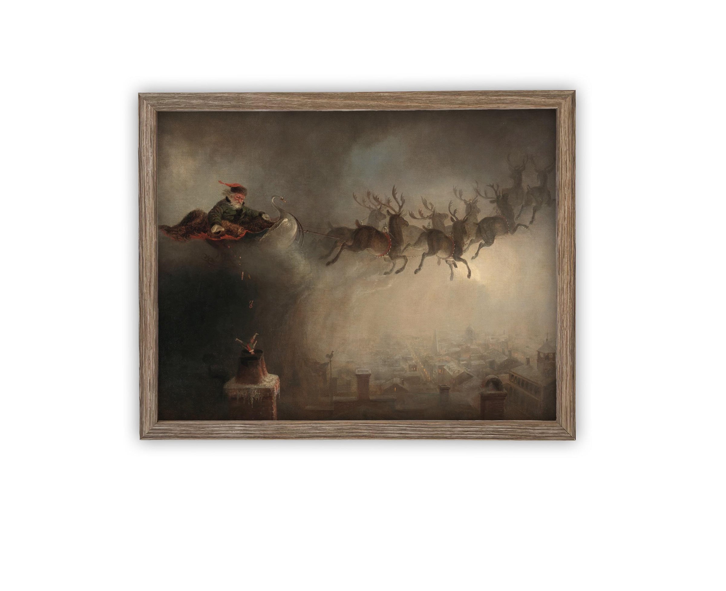 READY TO SHIP 16x20 Vintage Christmas Canvas Art: Santa and Reindeer Painting
