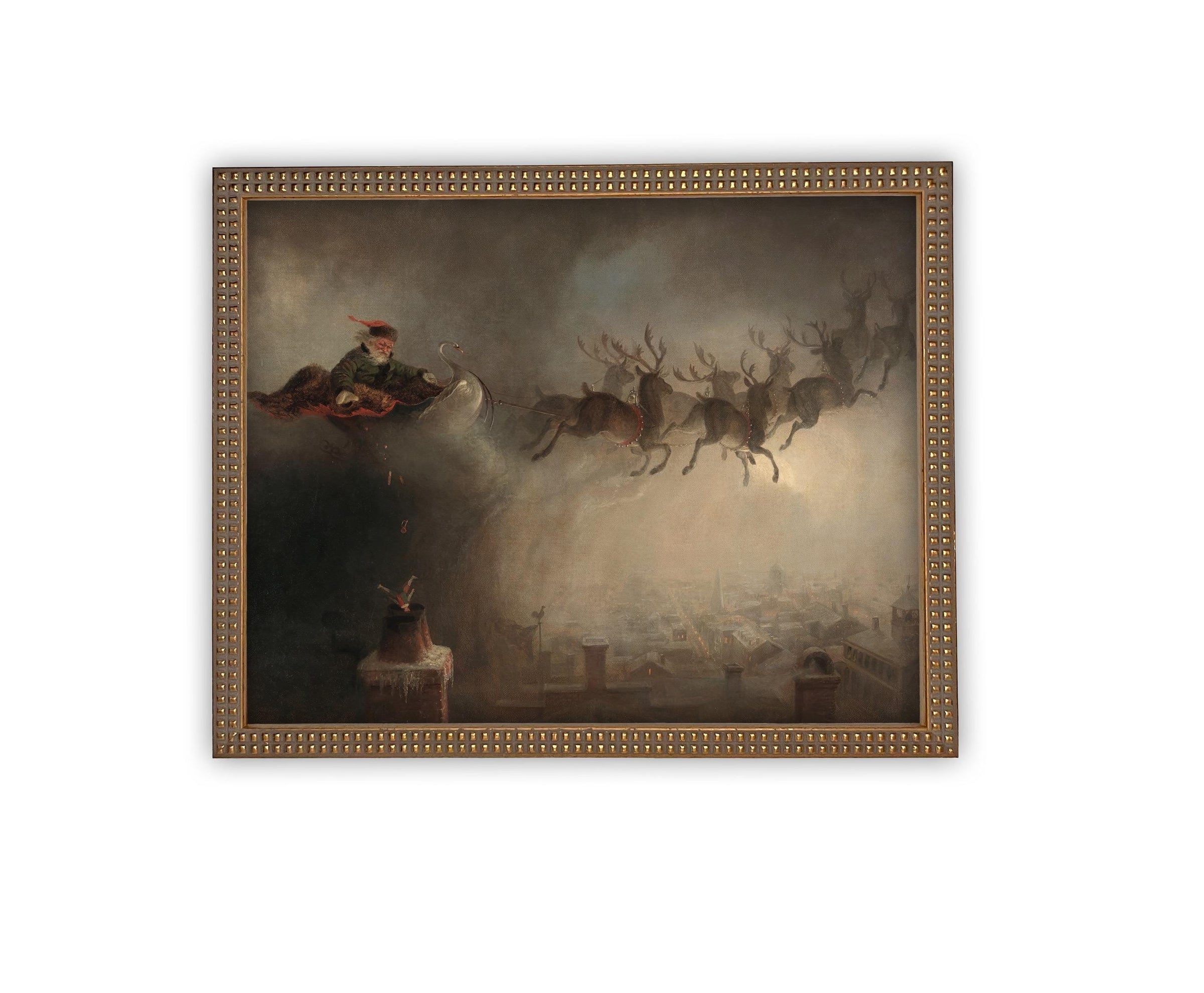 READY TO SHIP 16x20 Vintage Christmas Canvas Art: Santa and Reindeer Painting