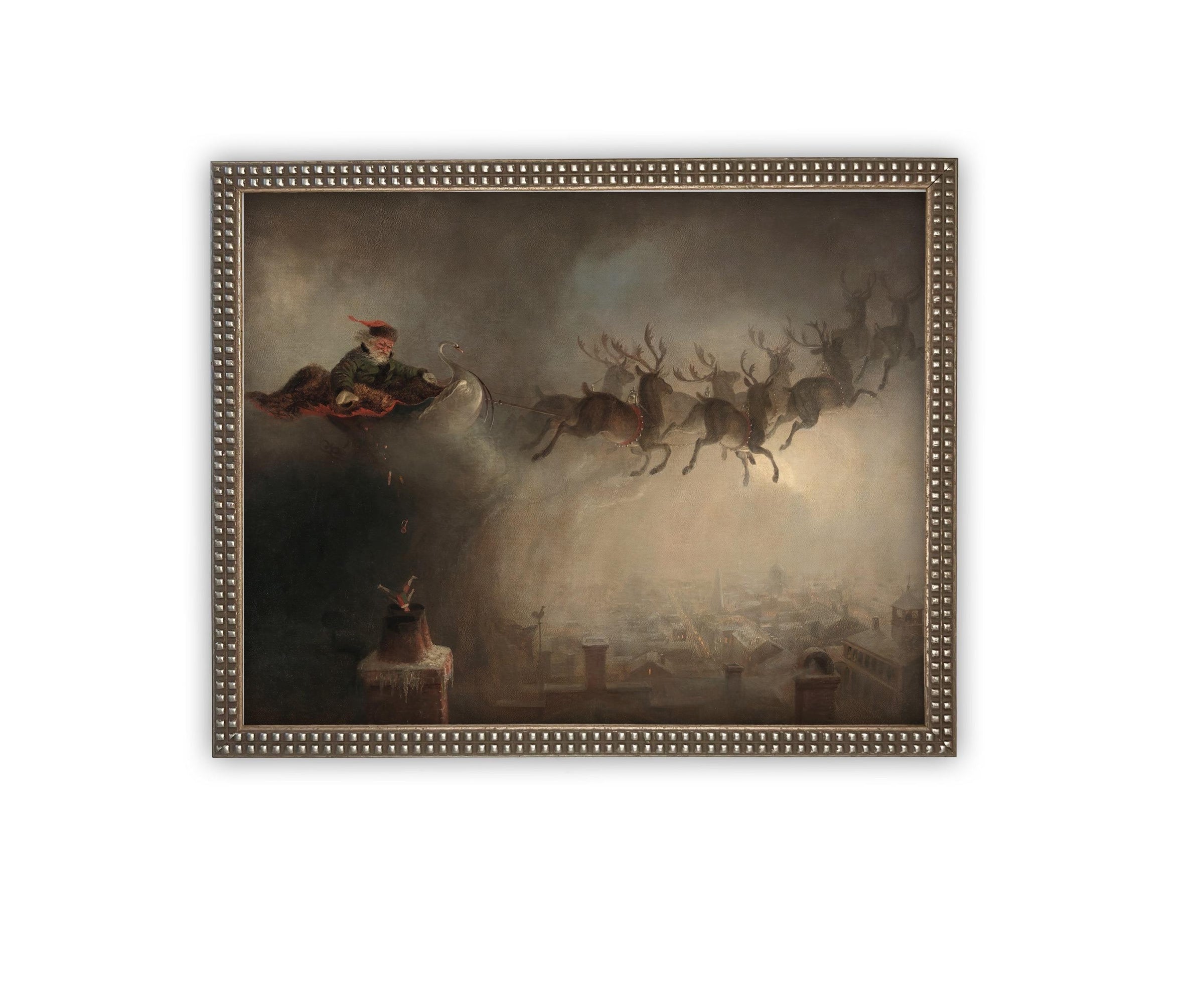 READY TO SHIP 16x20 Vintage Christmas Canvas Art: Santa and Reindeer Painting