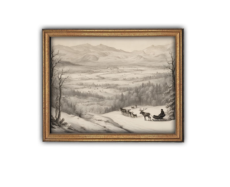 Vintage Framed Canvas Art // Framed Vintage Christmas Print // Christmas Sled with Reindeer Painting // Farmhouse print //#CH-328