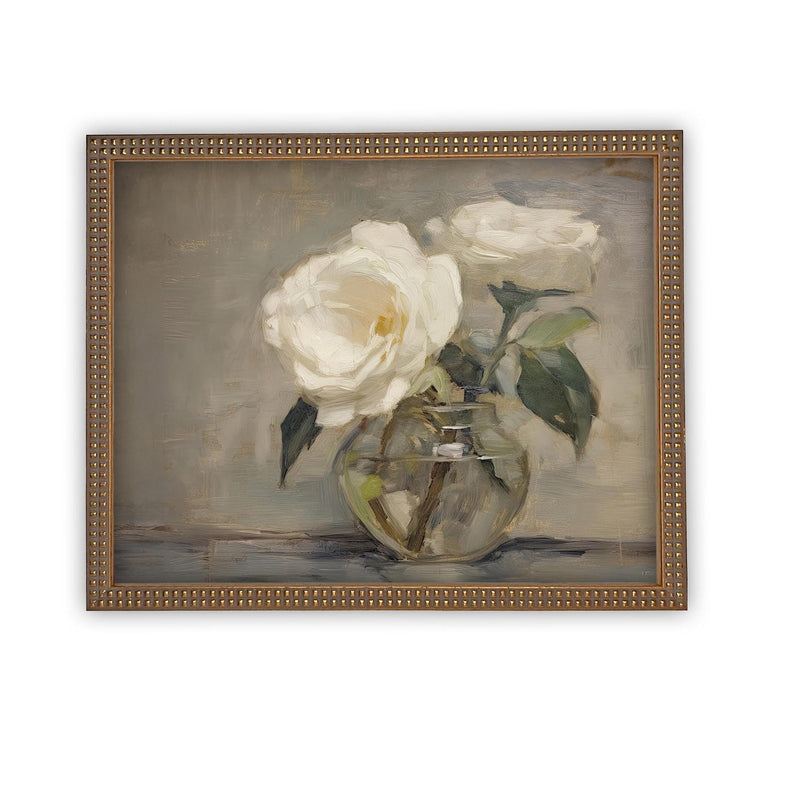 Vintage Framed Canvas Art // Framed Vintage Floral Print // Vintage White Roses Painting // Still Life Botanical Farmhouse print //#BOT-157