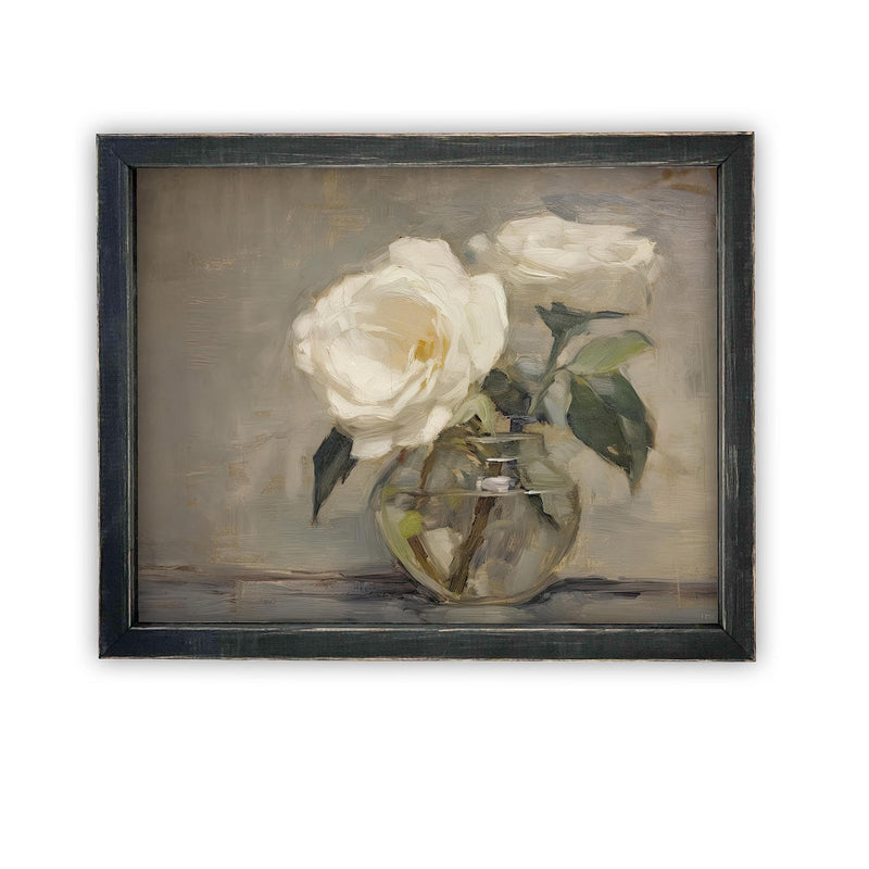 Vintage Framed Canvas Art // Framed Vintage Floral Print // Vintage White Roses Painting // Still Life Botanical Farmhouse print //#BOT-157