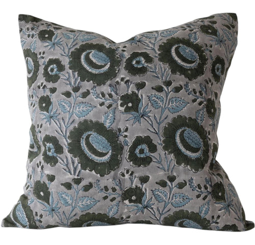 Designer "Francis" Block Print Floral Pillow Cover // Gray Blue Green Linen Pillow Cover // Boutique Pillow Covers // Modern Farmhouse