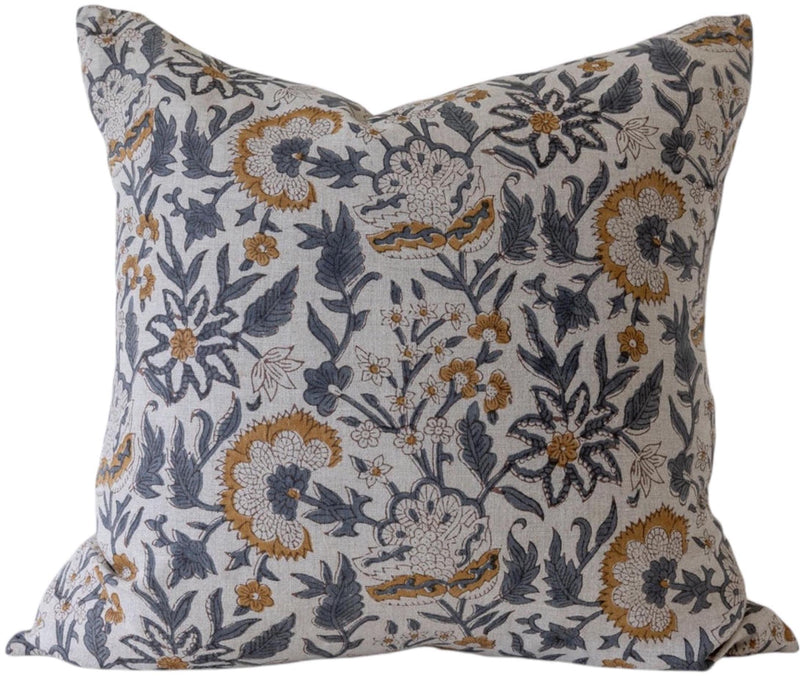 Designer "Ivins" Block Print Floral Pillow Cover // Natural Gray Mustard Linen Pillow Cover // Boutique Pillow Covers // Modern Farmhouse