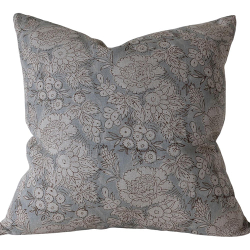 Designer "Ophir" Block Print Floral Pillow Cover // Blue Brown Linen Pillow Cover // Boutique Pillow Covers // Modern Farmhouse