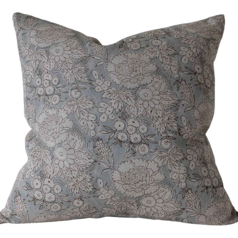 Designer "Ophir" Block Print Floral Pillow Cover // Blue Brown Linen Pillow Cover // Boutique Pillow Covers // Modern Farmhouse