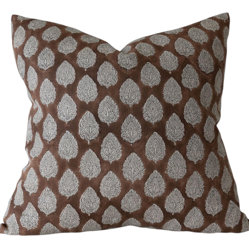 Designer "Boulder" Block Print Floral Pillow Cover // Natural Tan Brown Linen Pillow Cover // Boutique Pillow Covers // Modern Farmhouse