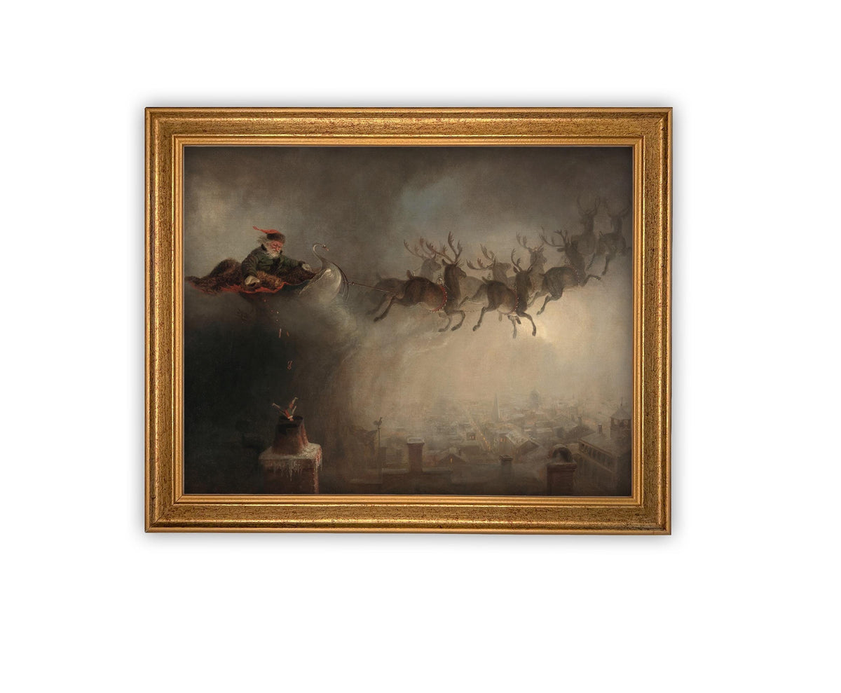 READY TO SHIP 11X14 Vintage Christmas Canvas Art: Santa and Reindeer Painting
