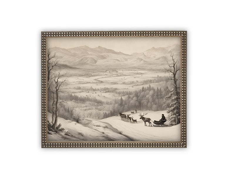 Vintage Framed Canvas Art // Framed Vintage Christmas Print // Christmas Sled with Reindeer Painting // Farmhouse print //#CH-328