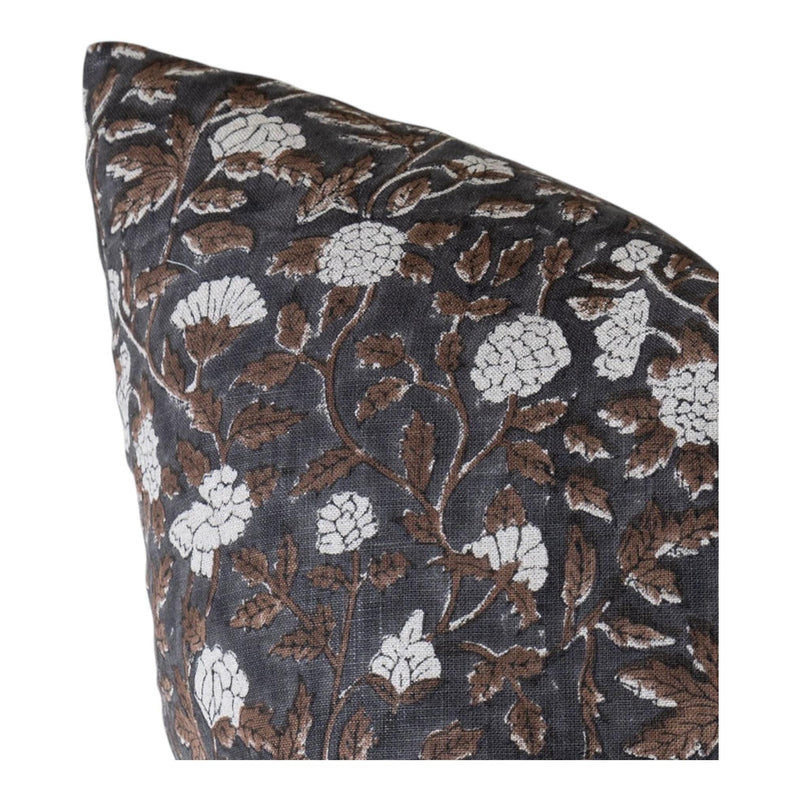 Designer "Everson" Block Print Floral Pillow Cover // Black Brown Linen Pillow Cover // Boutique Pillow Covers // Modern Farmhouse