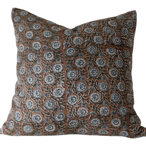 Designer "Portage" Block Print Floral Pillow Cover // Brown Blue Green Linen Pillow Cover // Boutique Pillow Covers // Modern Farmhouse