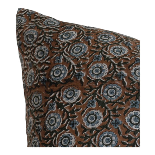 Designer "Portage" Block Print Floral Pillow Cover // Brown Blue Green Linen Pillow Cover // Boutique Pillow Covers // Modern Farmhouse