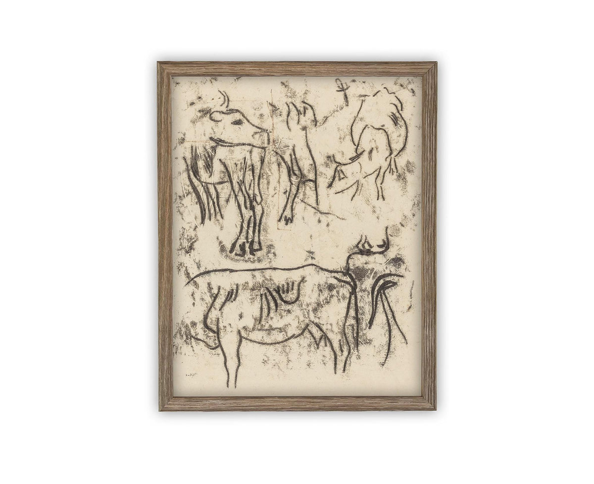 Vintage Framed Canvas Art // Framed Vintage Print // Vintage Painting // Vintage Bulls Sketch Art// Farmhouse print //#A-191