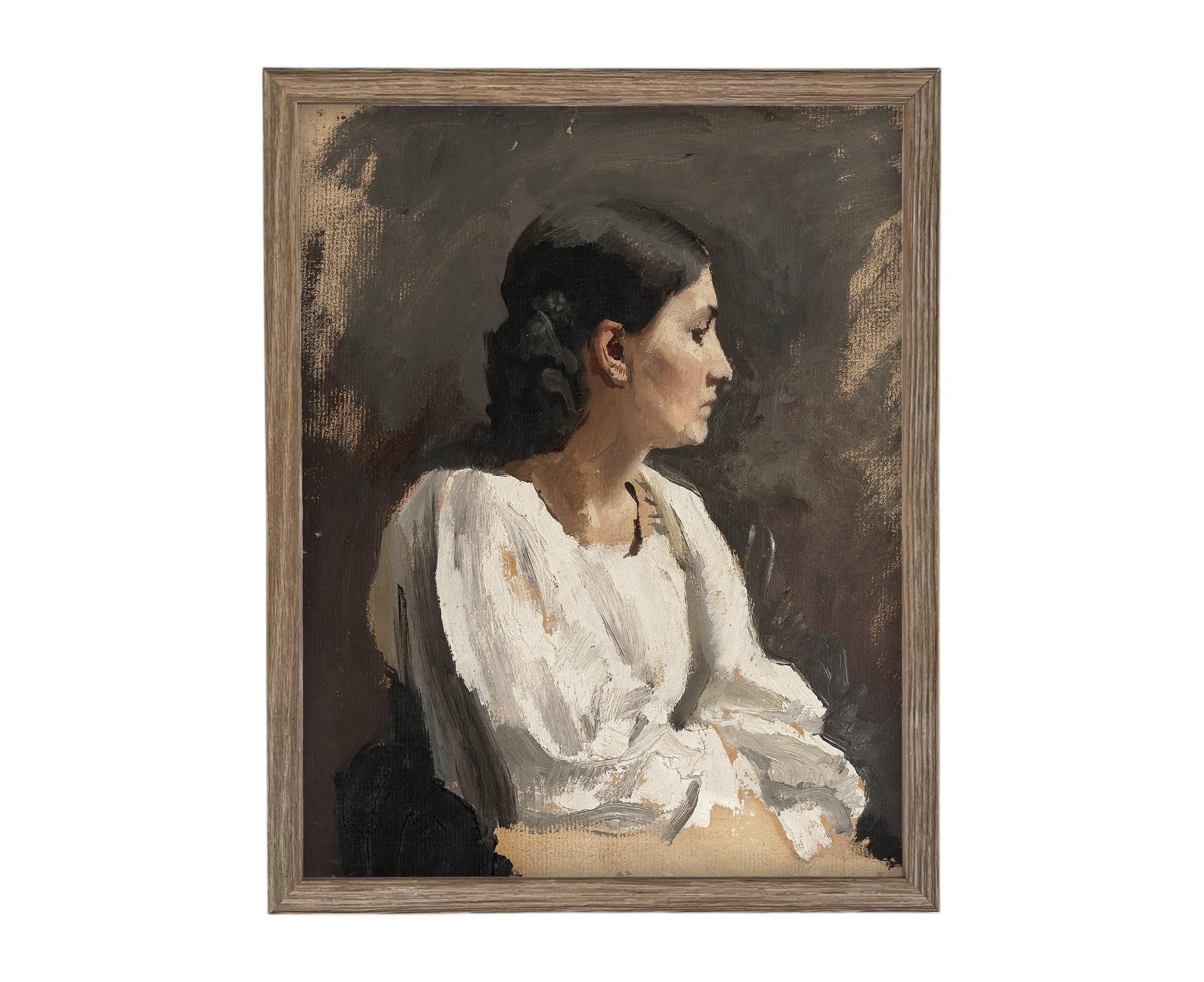 Framed Vintage Woman Portrait: Traditional Farmhouse Canvas Art Print