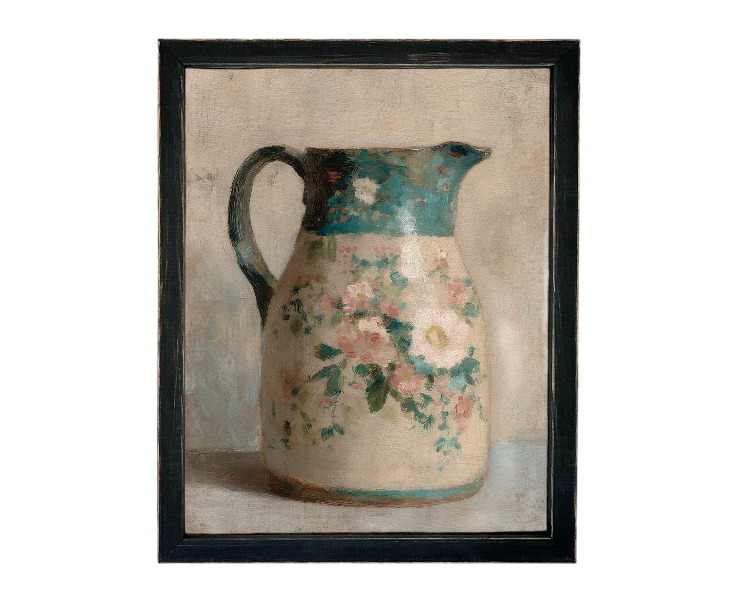 Vintage Framed Canvas Print: Spring Floral Pottery Still Life