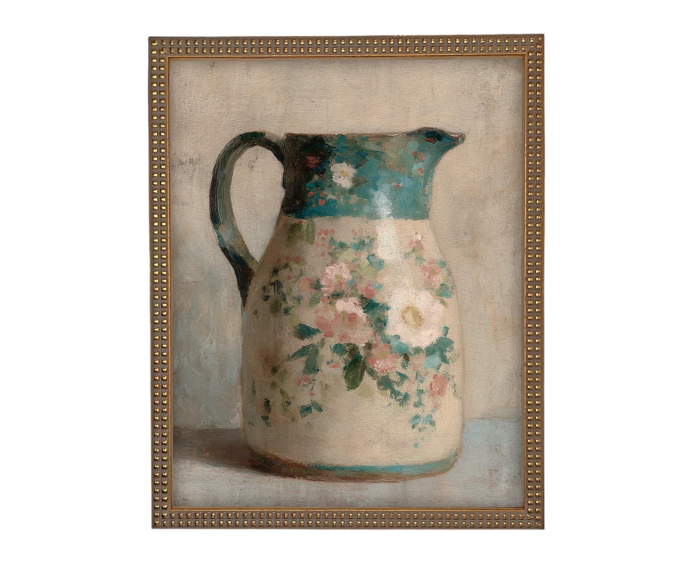 Vintage Framed Canvas Print: Spring Floral Pottery Still Life