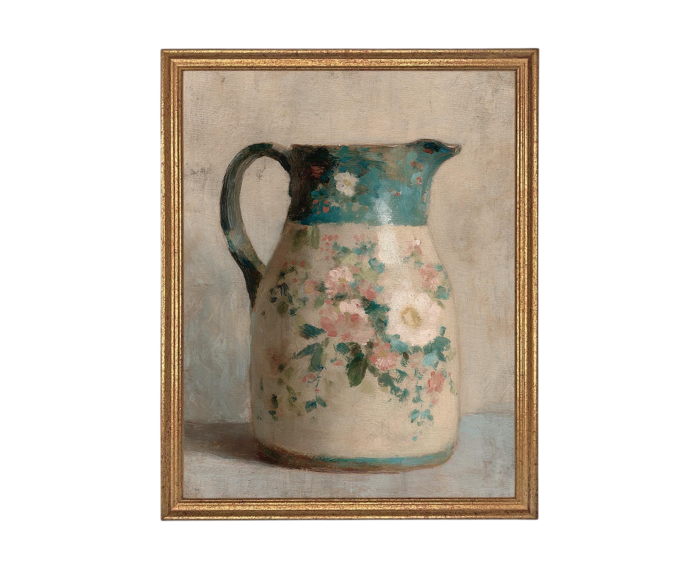 Vintage Framed Canvas Print: Spring Floral Pottery Still Life