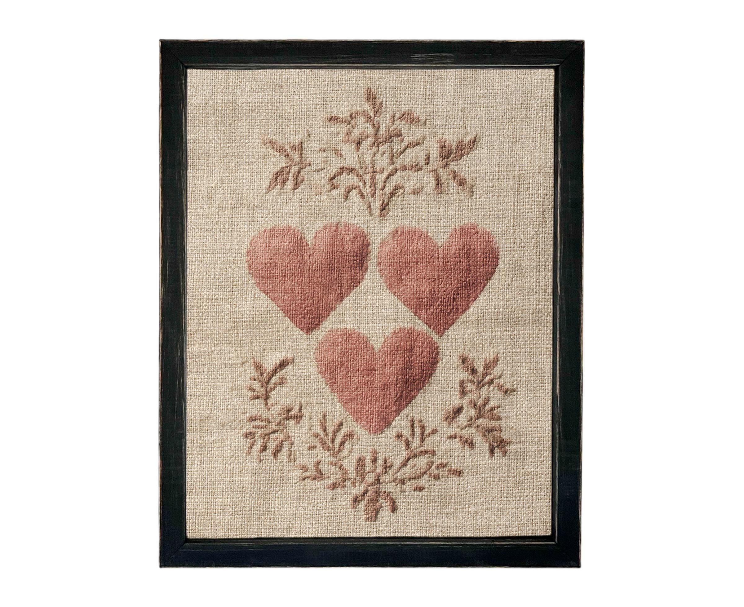 Framed Vintage Canvas Print: Folk Art Heart Tapestry Art