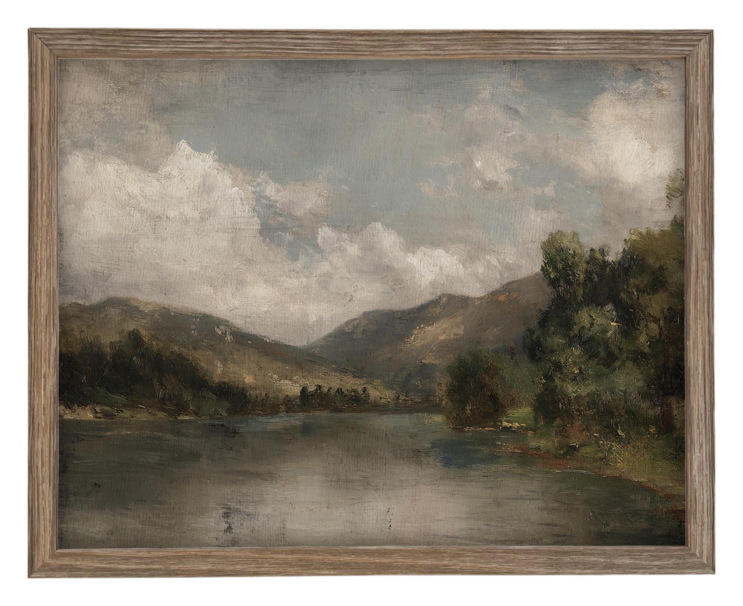 Framed Lake House Canvas Print: Vintage Moody Landscape Art