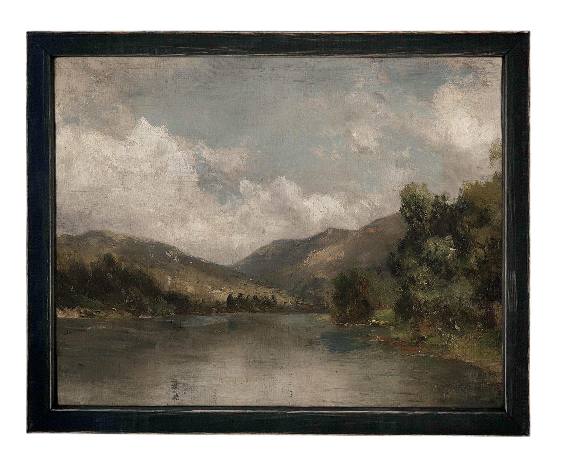 Framed Lake House Canvas Print: Vintage Moody Landscape Art