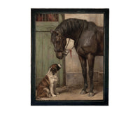 Vintage Framed Canvas Print: Horse and Dog Equestrian Art