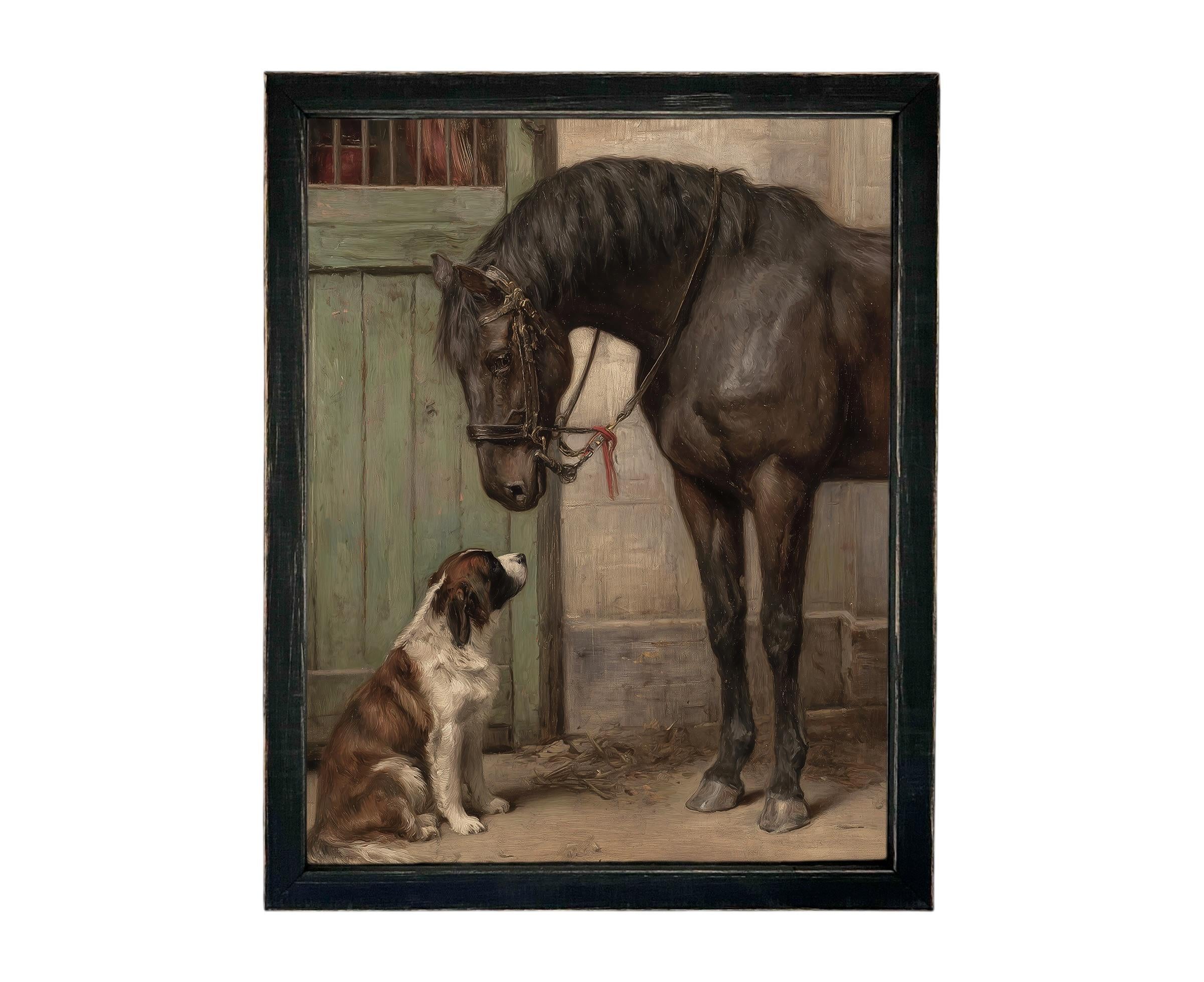 Vintage Framed Canvas Print: Horse and Dog Equestrian Art