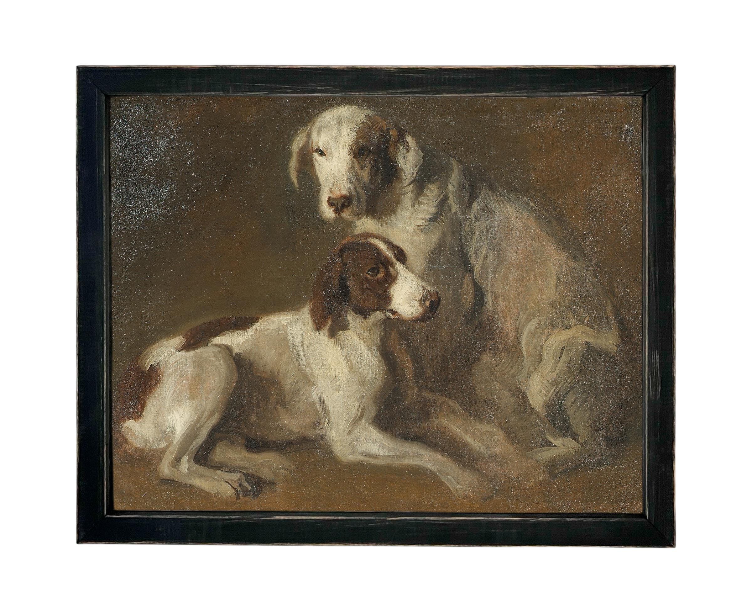 Framed Vintage Canvas Print: Neutral Print with hound dogs, Farmhouse Art