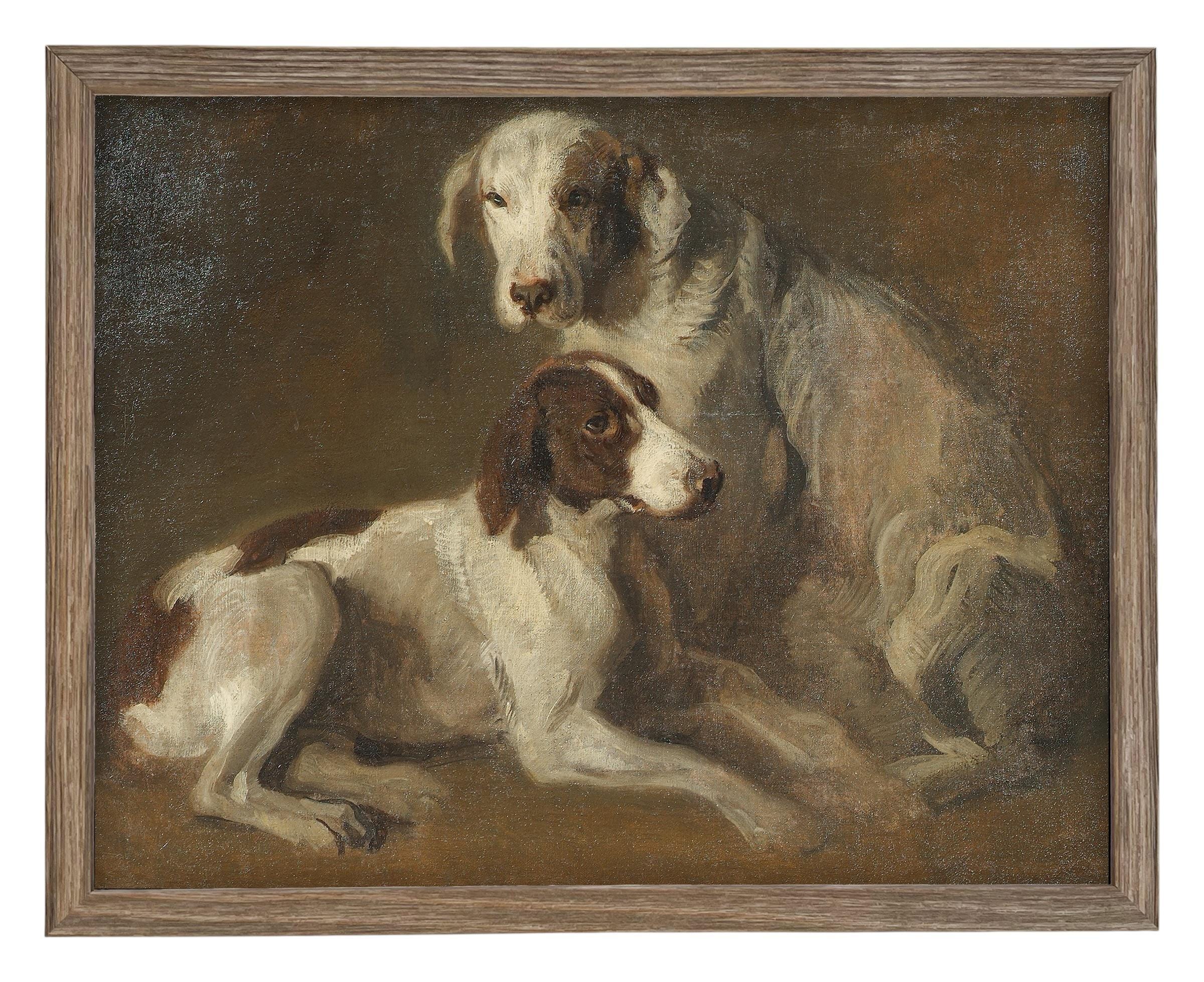 Framed Vintage Canvas Print: Neutral Print with hound dogs, Farmhouse Art